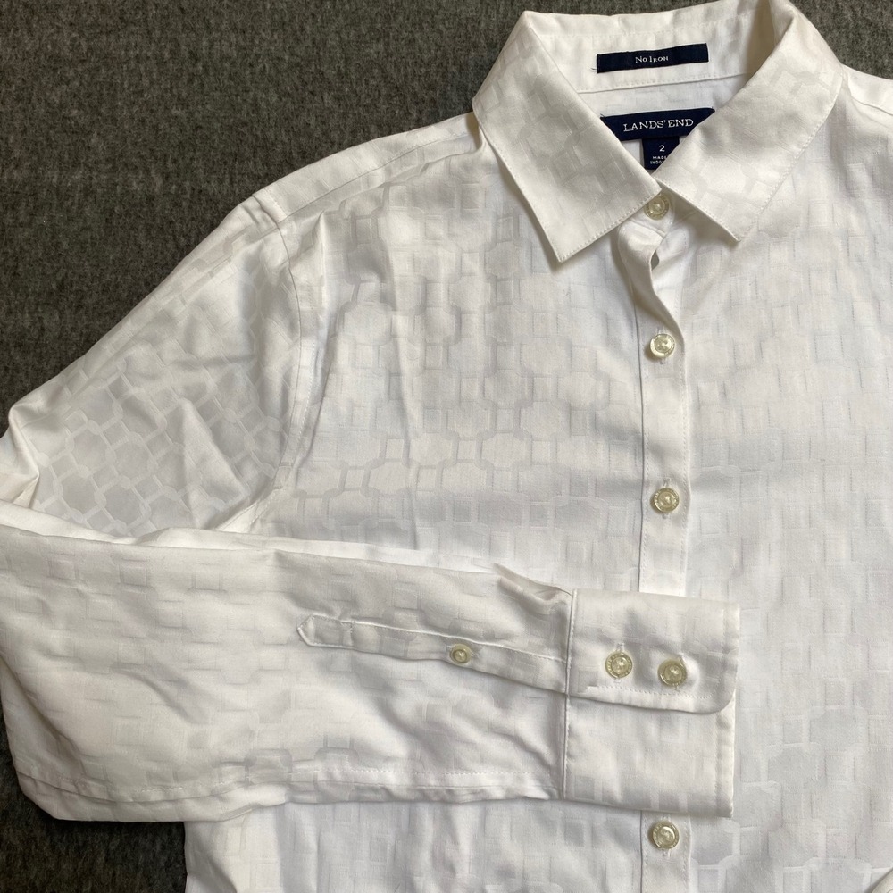 Lands End Womens White No Iron Geometric Jacquard Button Down Shirt Size 2